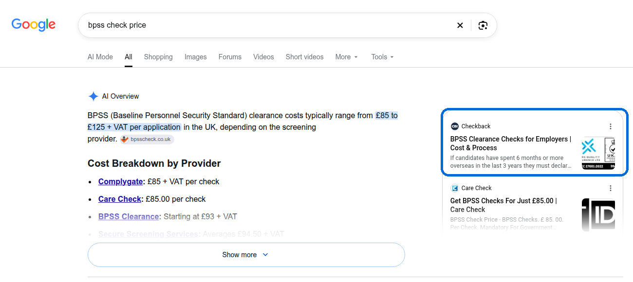 Google AI Overview for 'bpss check price' with Checkback International shown as the first cited source