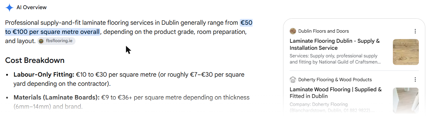 Google AI Overview for the same search, citing Dublin Floors and Doors first