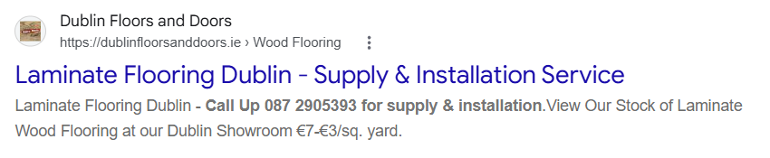 Google.ie organic results for 'supply and fit laminate floors Dublin' with Dublin Floors and Doors listed first